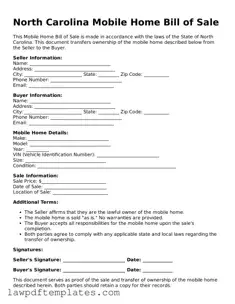 Free Mobile Home Bill of Sale Template for the State of North Carolina