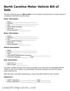 Free Motor Vehicle Bill of Sale Template for the State of North Carolina