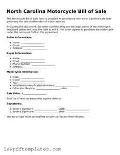Free Motorcycle Bill of Sale Template for the State of North Carolina