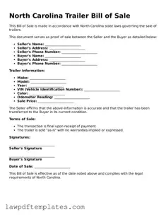 Free Trailer Bill of Sale Template for the State of North Carolina