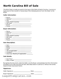 Free Bill of Sale Template for the State of North Carolina