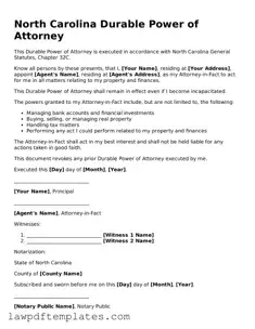 Free Durable Power of Attorney Template for the State of North Carolina