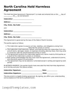Free Hold Harmless Agreement Template for the State of North Carolina