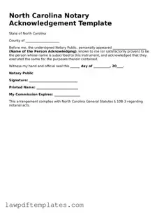 Free Notary Acknowledgement Template for the State of North Carolina
