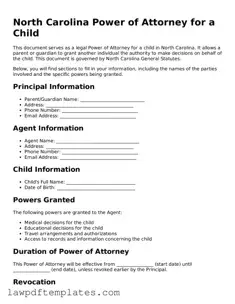 Free Power of Attorney for a Child Template for the State of North Carolina