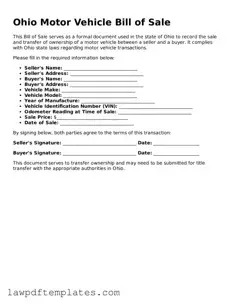 Free Motor Vehicle Bill of Sale Template for the State of Ohio