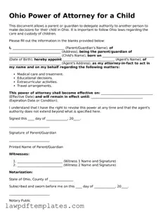 Free Power of Attorney for a Child Template for the State of Ohio