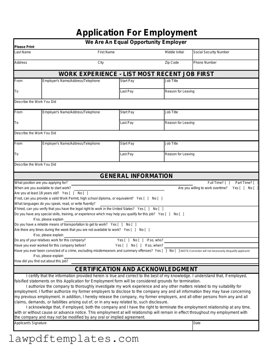 Fillable Spanish Application Employment Template