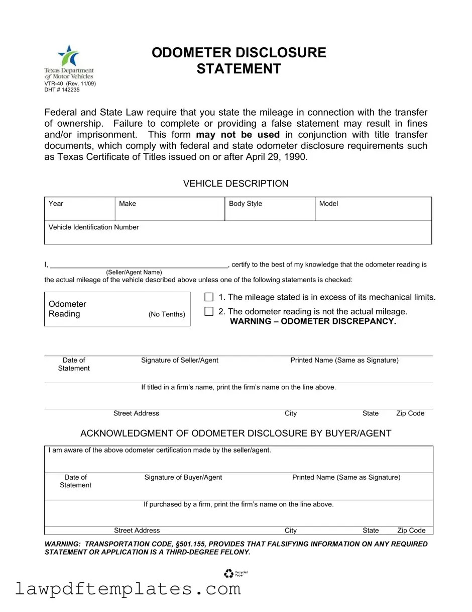 Fillable Texas Odometer Statement Template