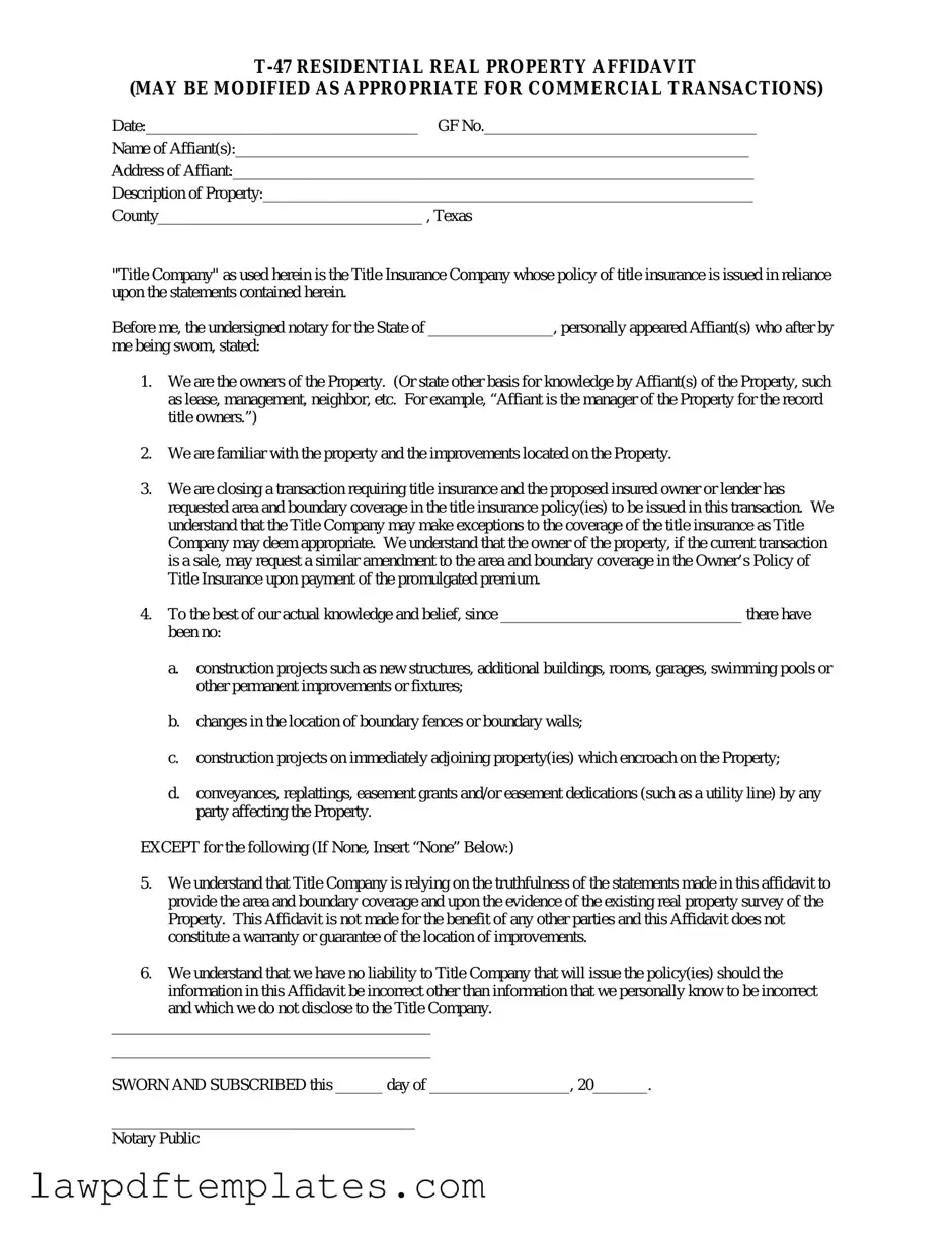 Fillable Texas residential property affidavit T-47 Template