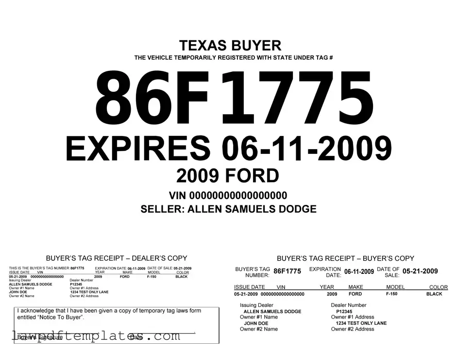 Fillable Texas Temporary Tag Template