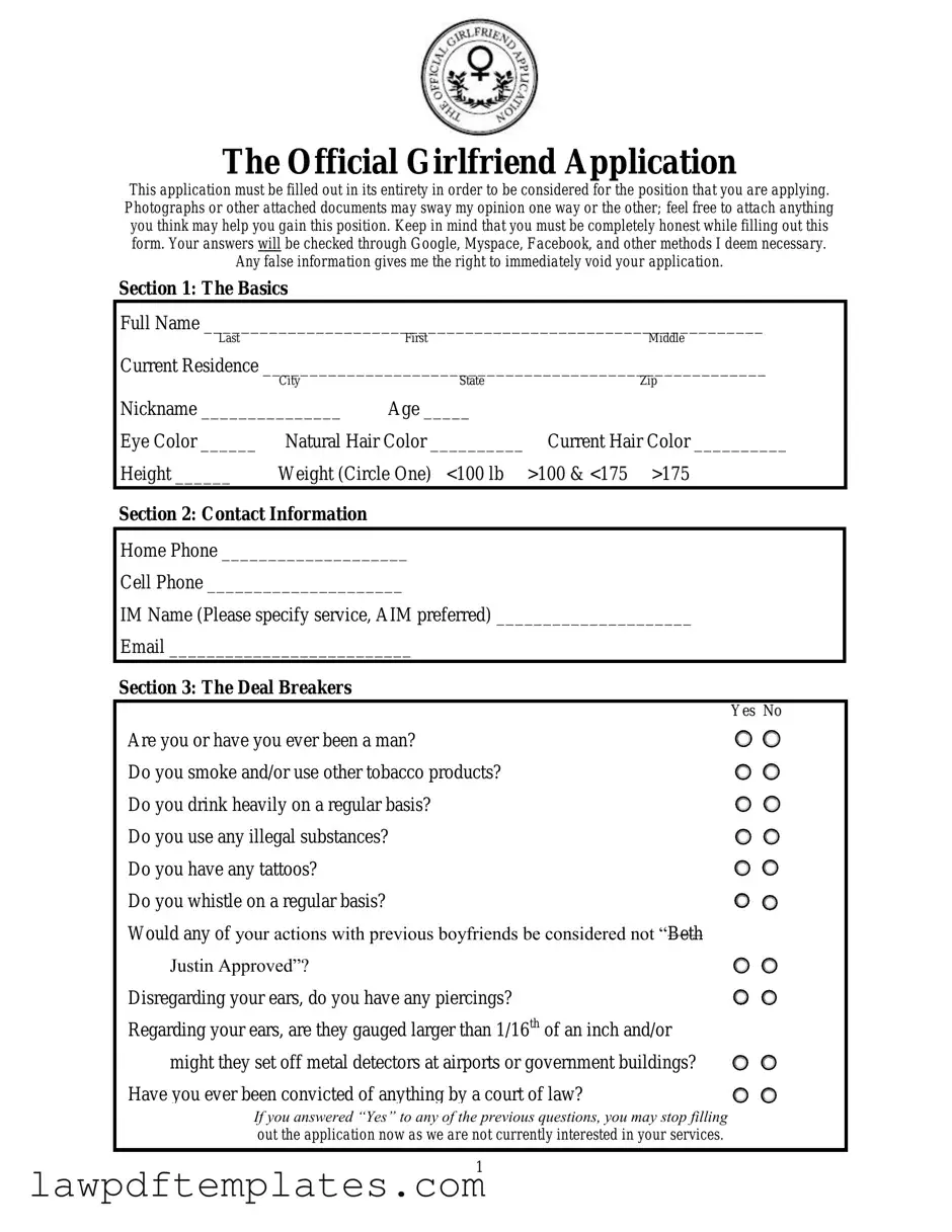 Fillable Girlfriend Application Template