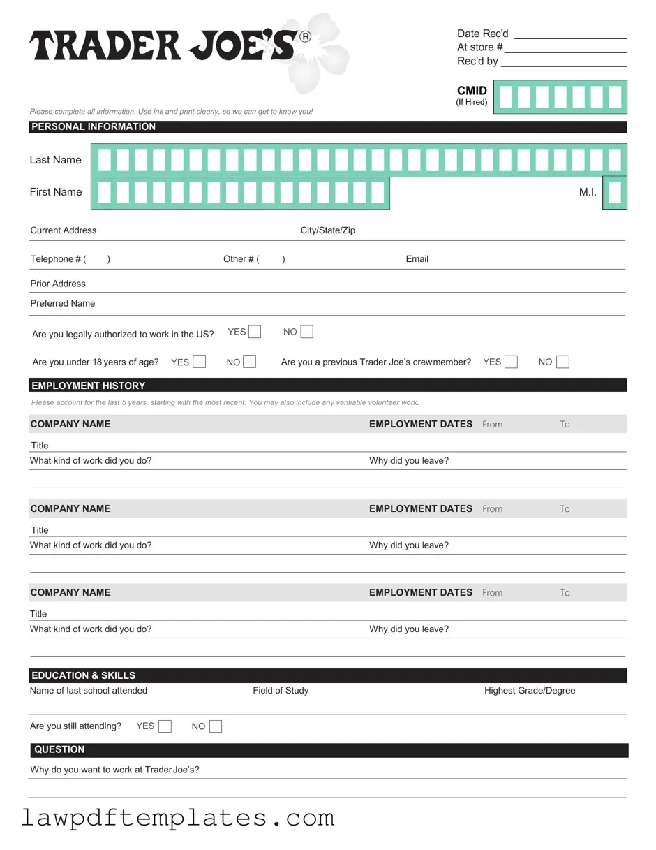 Fillable Trader Joe's application Template