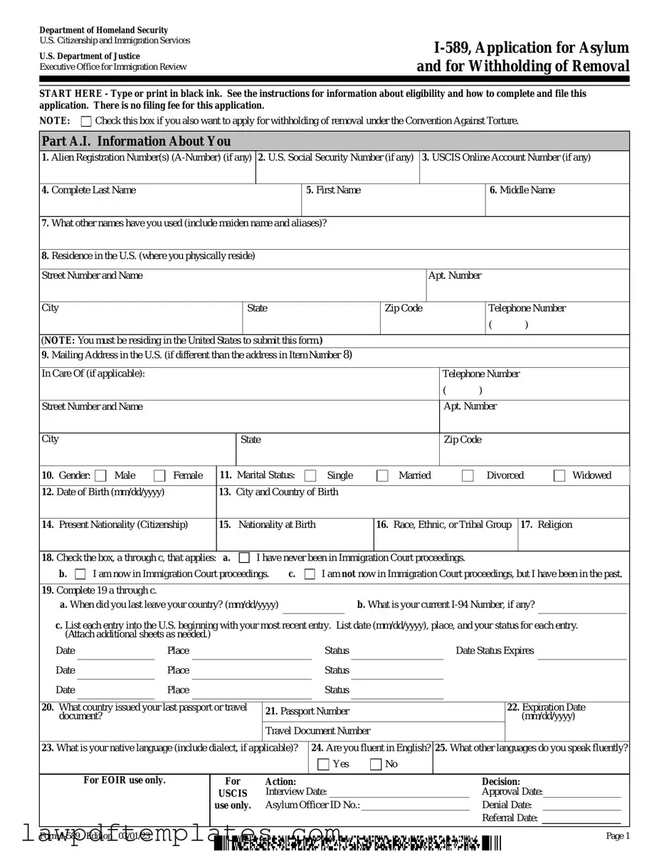 Fillable USCIS I-589 Template