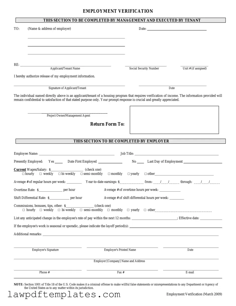 Fillable Employment verification form Template
