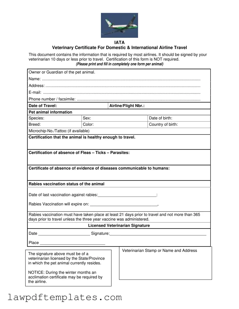 Fillable Veterinary Certificate Travel Template