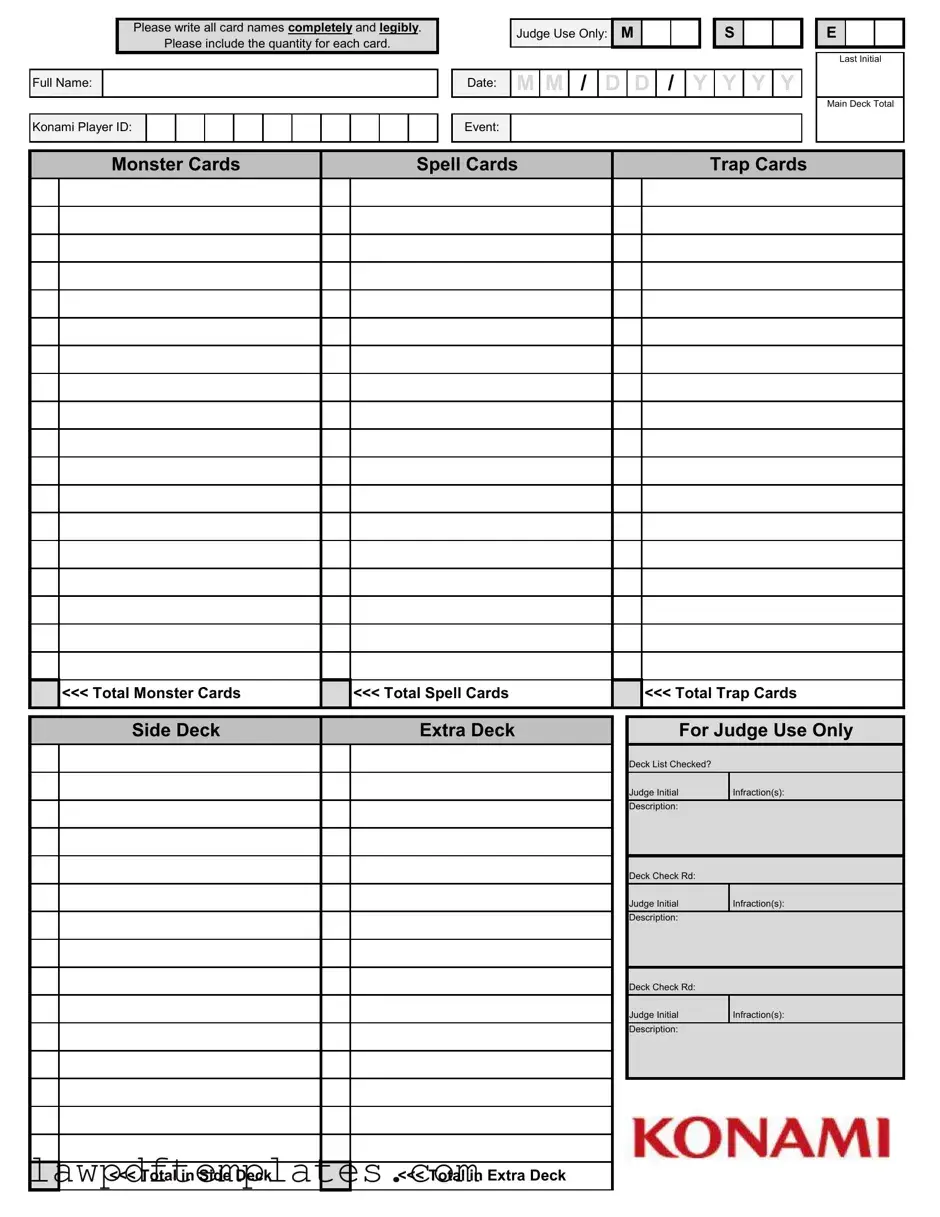 Fillable Konami Decklist Template